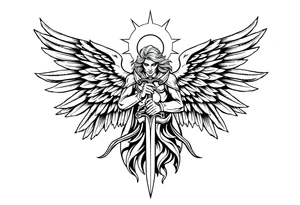 Majestic and powerful archangel wearing a halo, having six wings, weilding a sword tattoo idea