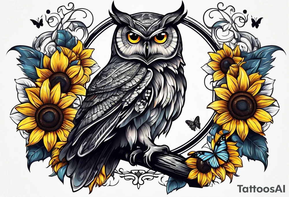Owl with butterfly body surrounded by sunflowers tattoo idea