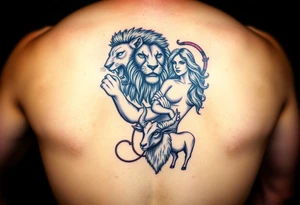 Roaring Leo lion holding virgo woman with wavy hair, add Sagittarius bow and Capricorn goat below these tattoo idea