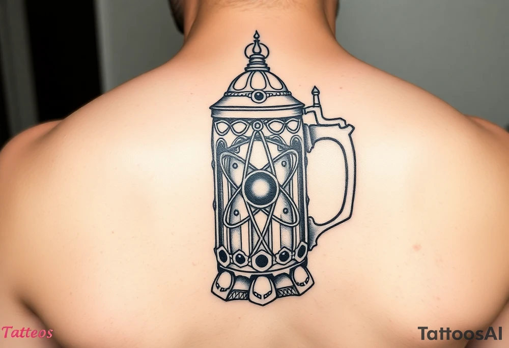 A fine line style German stein in a gothic style with an atom on it tattoo idea