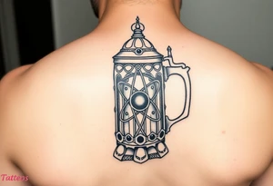 A fine line style German stein in a gothic style with an atom on it tattoo idea