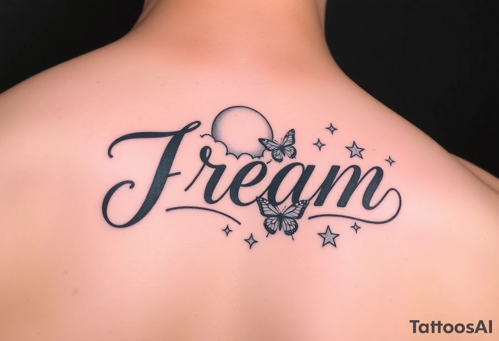 The name Jream in cursive with shaded clouds, a moon and butterfly’s with stars tattoo idea