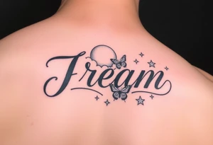 The name Jream in cursive with shaded clouds, a moon and butterfly’s with stars tattoo idea