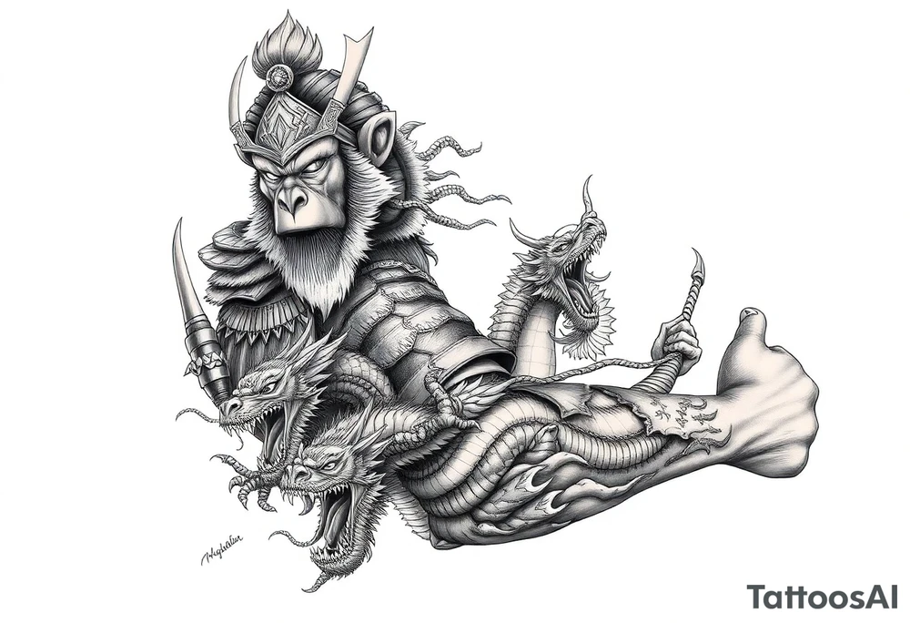 Aggressive powerfully armoured sun wukong monkey king on shoulder half fighting dragons and demons on lower arm with staff tattoo idea