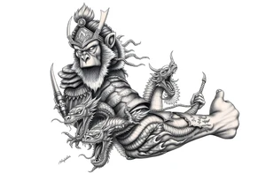 Aggressive powerfully armoured sun wukong monkey king on shoulder half fighting dragons and demons on lower arm with staff tattoo idea