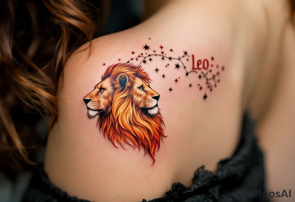 The vivid Leo star constellation arcs across a majestic lion’s back, rendered in warm ochre and crimson tones. tattoo idea