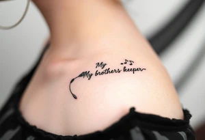 A microphone end of cord drawing the words “My brothers keeper” and music notes tattoo idea
