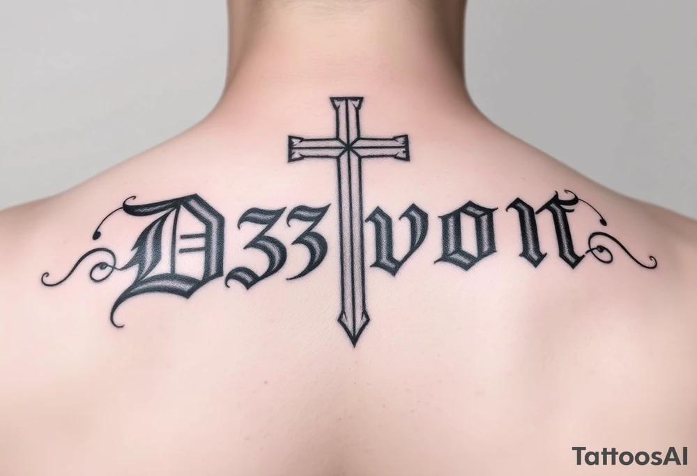 The name D3von with a cross behind it tattoo idea