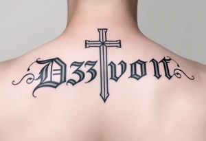 The name D3von with a cross behind it tattoo idea