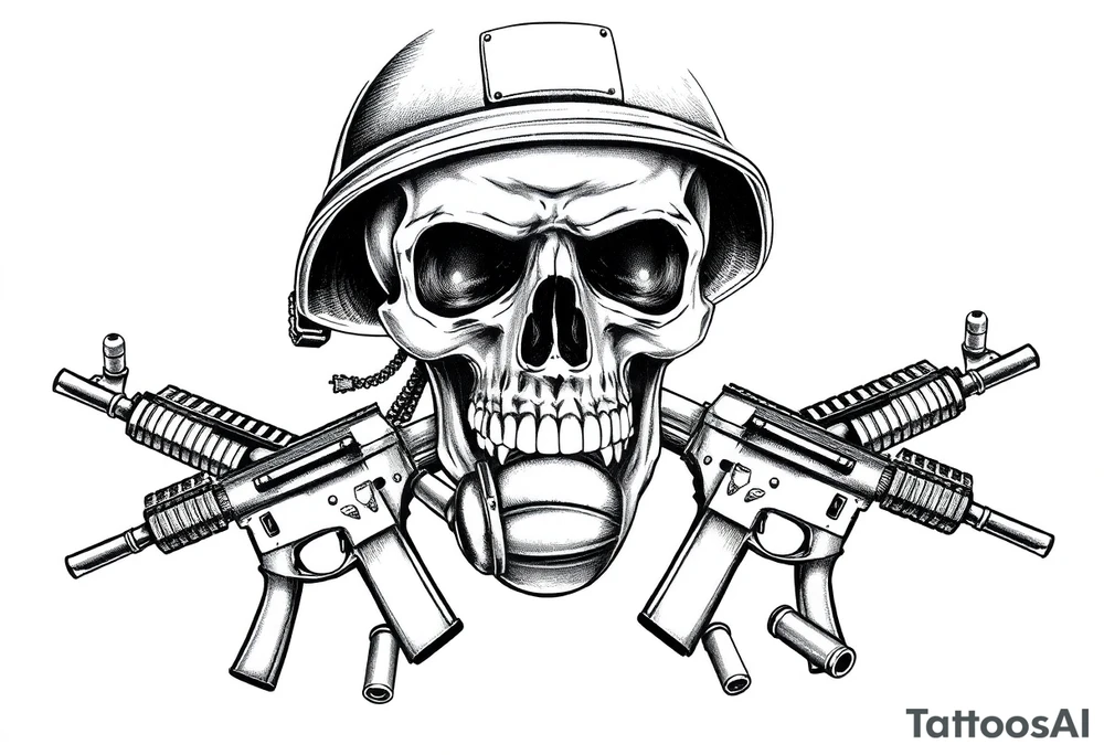 A stoic skull in a soldier's helmet, clutching a hand grenade, with crossed assault rifles and loose cartridges. tattoo idea