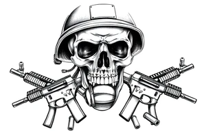 A stoic skull in a soldier's helmet, clutching a hand grenade, with crossed assault rifles and loose cartridges. tattoo idea