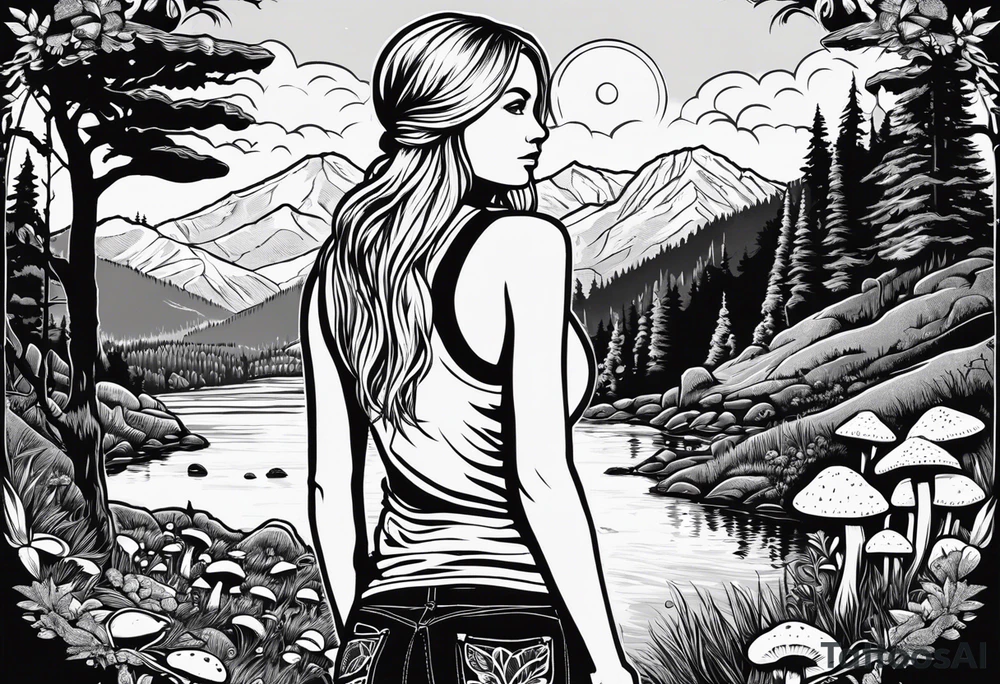 Whole picture encircled fully

Straight long blonde hair hippie girl in distance holding mushrooms in hand facing away toward mountains and creek surrounded by mushrooms tee shirt and hiking pants; whole rendering within a full circle, no cut off circle tattoo idea