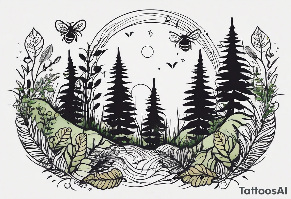 forest floor inspired minimalist tattoo, which includes grass, curly ferns and dead leaves as the bulk of the tattoo. details to include: three very tiny strawberries, a tiny bumblebee flying nearby, three small brown mushrooms
Generate a vertically long one tattoo idea