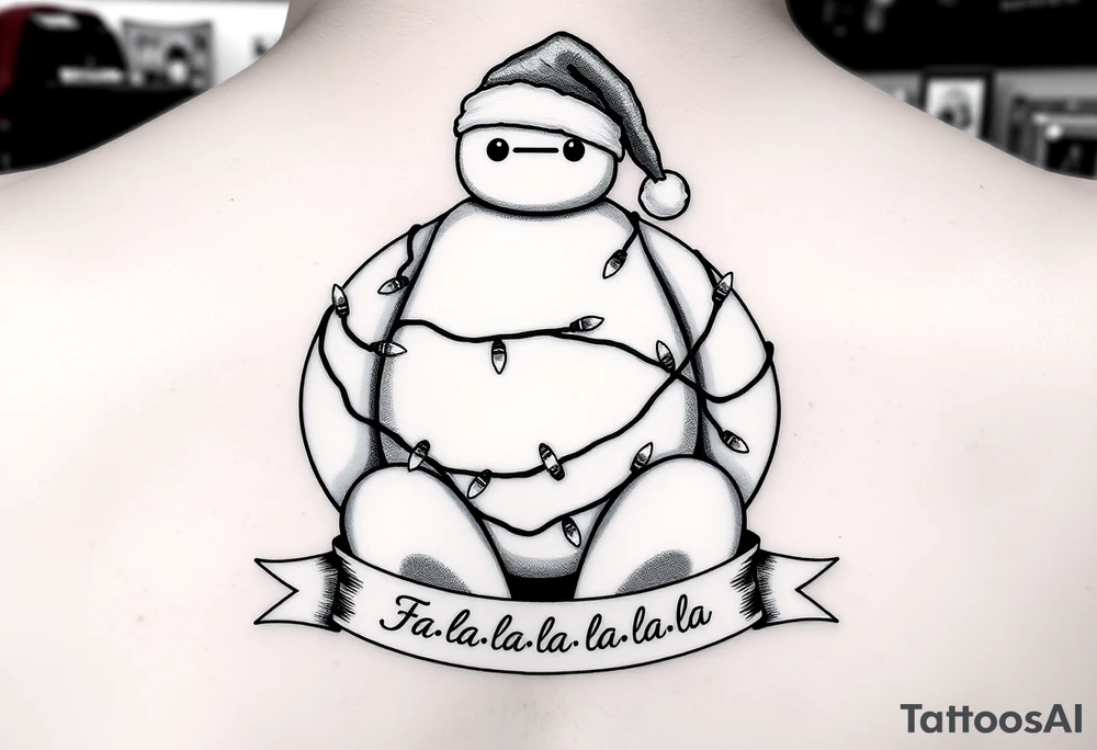 Disney Christmas themed sitting Baymax  wrapped up in Christmas lights and Santa hat with banner at bottom with "Fa-la-la-la-la" in writing. Make arms longer to hide behind feet. Black and white other than lights and hat. tattoo idea