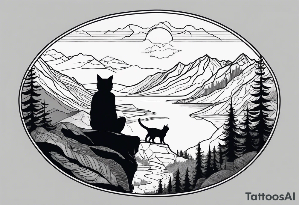 Man waking up trail with cat on side of him, Black Forest and mountains behind with lake tattoo idea