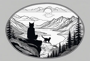 Man waking up trail with cat on side of him, Black Forest and mountains behind with lake tattoo idea