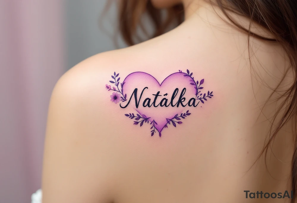 A soft purple heart with floral accents surrounding the name Natálka. tattoo idea