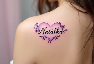 A soft purple heart with floral accents surrounding the name Natálka. tattoo idea
