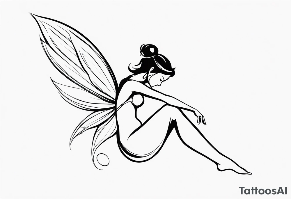 Minimalistic, monochromatic fairy with a tail flying to the left in a fetal position, leaning and looking in the same direction, with visible hands, embodying the 'Fairy Tail' logo aesthetic. tattoo idea