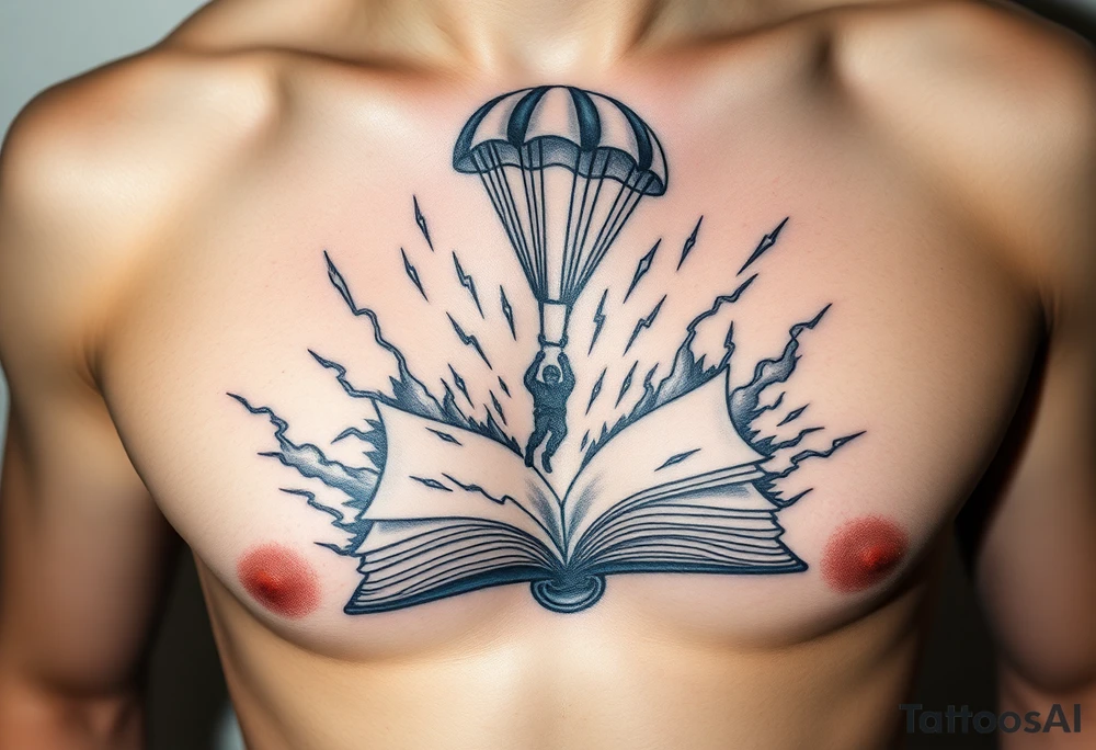 A parachuting soldier landing into an open book. Chaos surrounding, but the book is protecting the soldier from it. On the chest. Make the tattoo smaller. Make it thought provoking. Make the chaos in the environment be a thunderstorm. Make the pages in the book be blank and the book be decorated tattoo idea