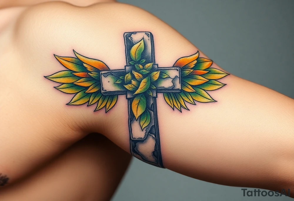 A moss-covered stone cross, with soft green and gold wings resembling leaves in autumn tattoo idea