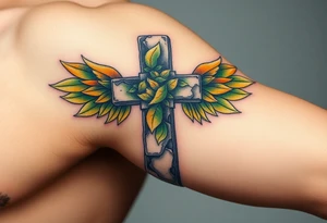 A moss-covered stone cross, with soft green and gold wings resembling leaves in autumn tattoo idea