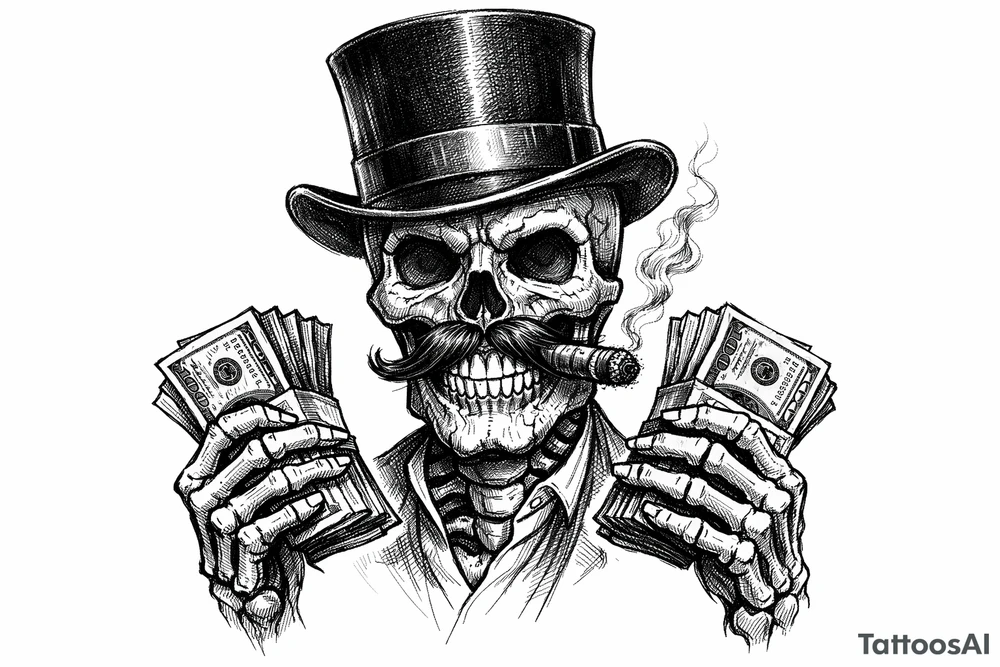 skull with mustache,top-hat,cigar in his mouth,money in both hands. tattoo idea