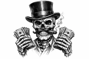 skull with mustache,top-hat,cigar in his mouth,money in both hands. tattoo idea