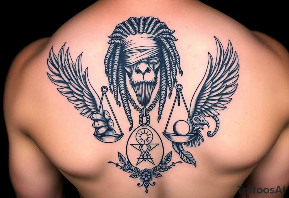 Slyph with dreads wearing blind fold and ankh pendant with tattoos holding weighing scales with the sun and moon rose vines surrounding and Anubis guarding tattoo idea