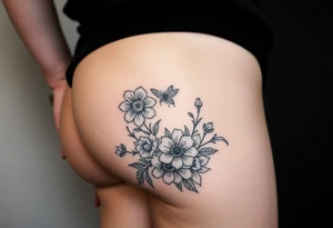 Hip and thigh tattoo with Thinner lines and flowers something dainty but also bohemian with maybe a touch of an insect or small animal tattoo idea