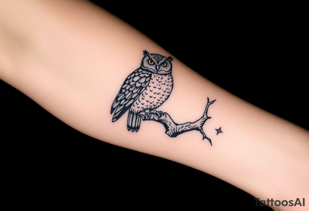 wise owl perched on ancient oak branch under starlit sky tattoo idea
