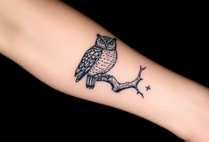 wise owl perched on ancient oak branch under starlit sky tattoo idea