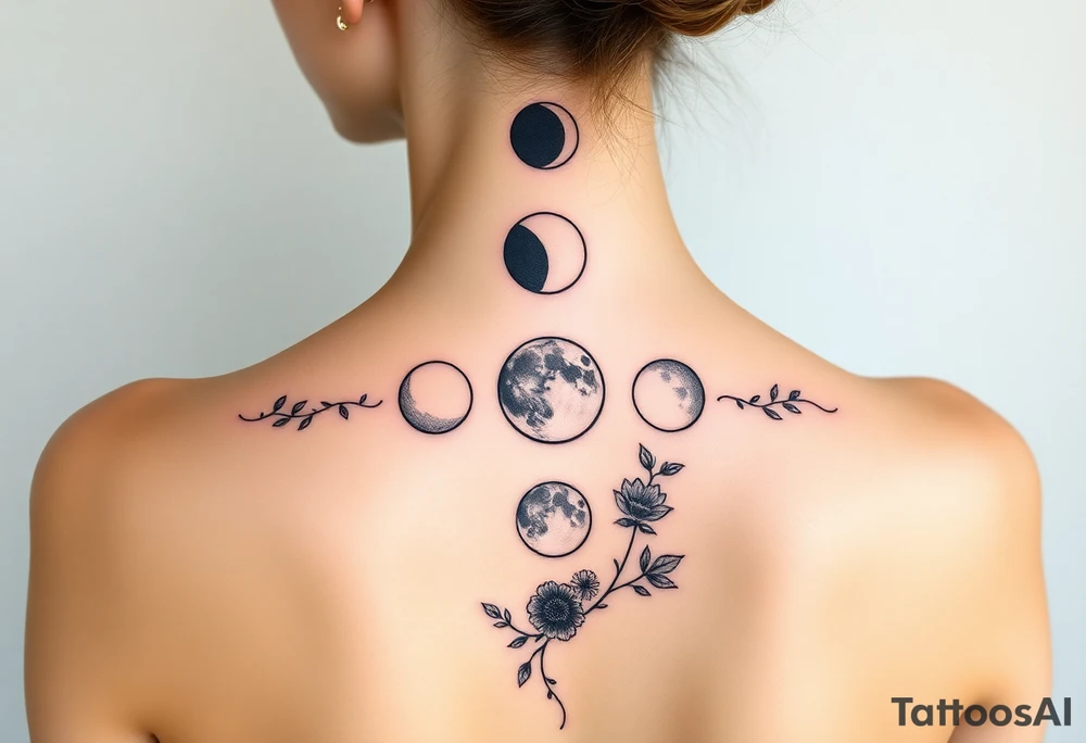 new moon, waxing crescent, first quarter, waxing gibbous, full moon, waning gibbous, third quarter, and waning crescent detailed down the spine with vines and different flowers along the sides of each phase shading and color tattoo idea