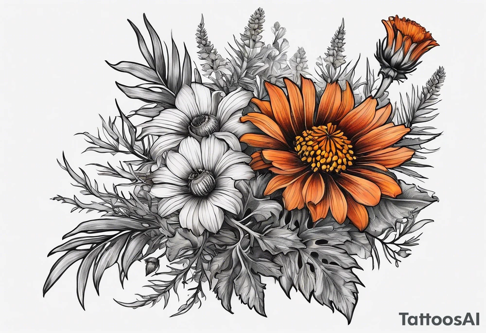 cascading wildflowers with thistles, ferns, burnt orange flowers all in color tattoo idea
