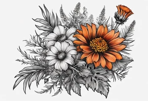 cascading wildflowers with thistles, ferns, burnt orange flowers all in color tattoo idea