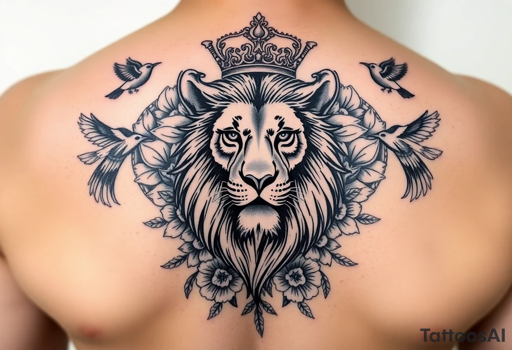 powerful majestic lion with a crown, surrounded by floral ornaments and birds tattoo idea