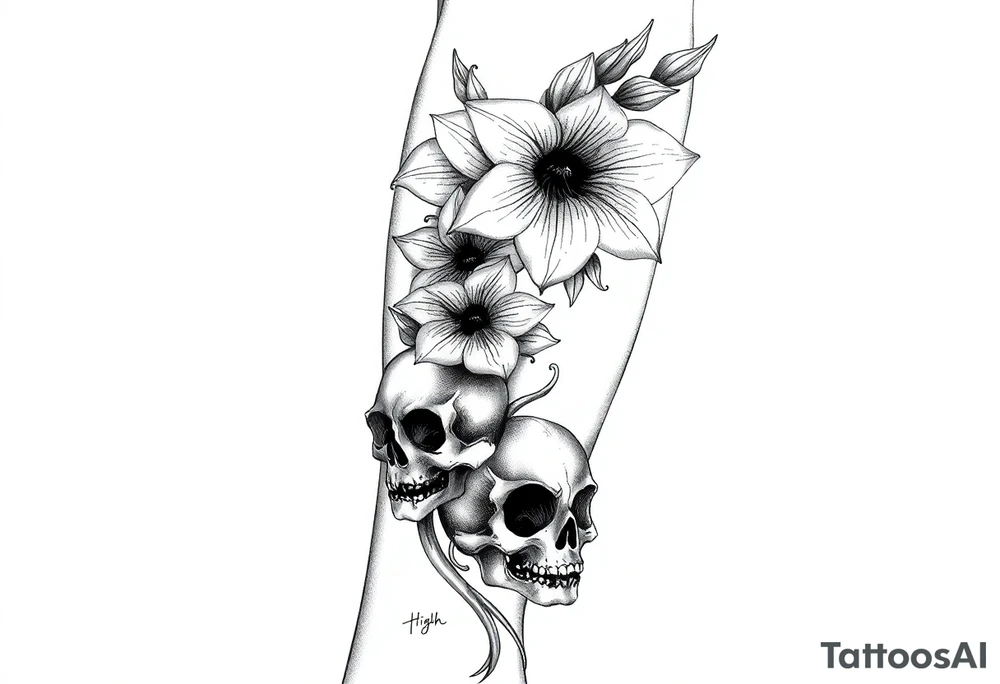Aconitum flower going up the arm with details gothic style with skulls tribal large tattoo idea