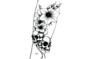 Aconitum flower going up the arm with details gothic style with skulls tribal large tattoo idea