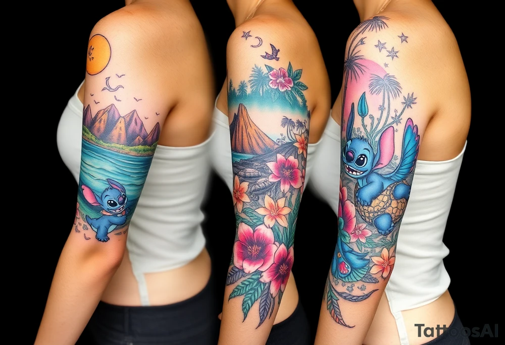 half sleeve, hawaiian theme, with water, mountains, tropical flowers, turtles. and disneys moana and lilo and stitch characters tattoo idea