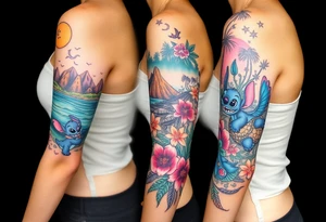 half sleeve, hawaiian theme, with water, mountains, tropical flowers, turtles. and disneys moana and lilo and stitch characters tattoo idea