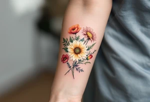 Small watercolour style bunch of wild flowers including lillium orientalis, sunflowers, poppies and peonies to be placed on forearm tattoo idea