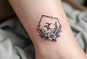 Small Feminine simple Dotted Line hexagon with Leo astrological symbol surrounded by larkspurs and water lilies tattoo idea