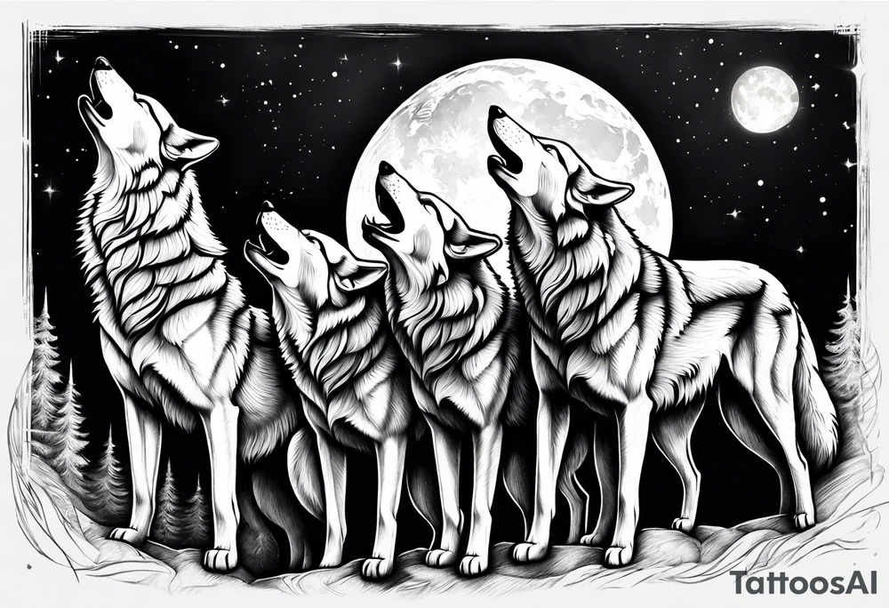 6 wolfs howling at moon tattoo idea