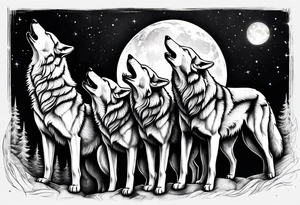 6 wolfs howling at moon tattoo idea