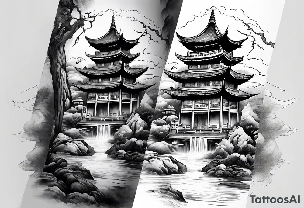 forearm sleeve traditional chinese art painting style Chinese temple two old men wearing robes and drinking tea mountains mist fog waterfall tattoo idea