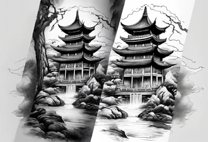 forearm sleeve traditional chinese art painting style Chinese temple two old men wearing robes and drinking tea mountains mist fog waterfall tattoo idea