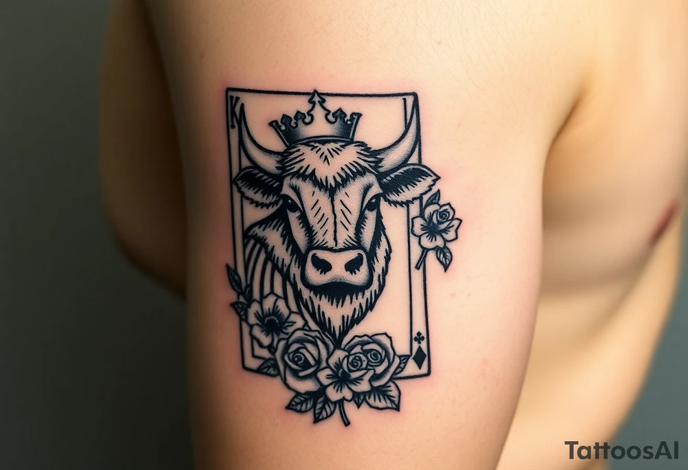 A king play card with a small highland cow face on it and a small 4 leaf clover surrounded by roses tattoo idea