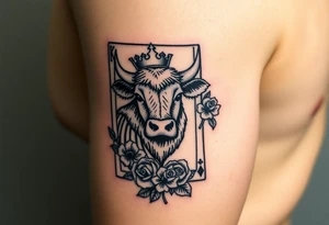 A king play card with a small highland cow face on it and a small 4 leaf clover surrounded by roses tattoo idea