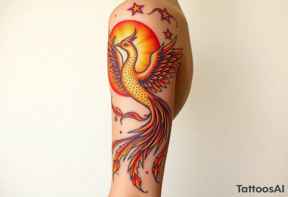 magnificent phoenix rising from golden flames with trailing embers tattoo idea