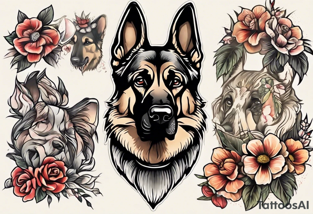 German shepherd portrait with flowers tattoo idea